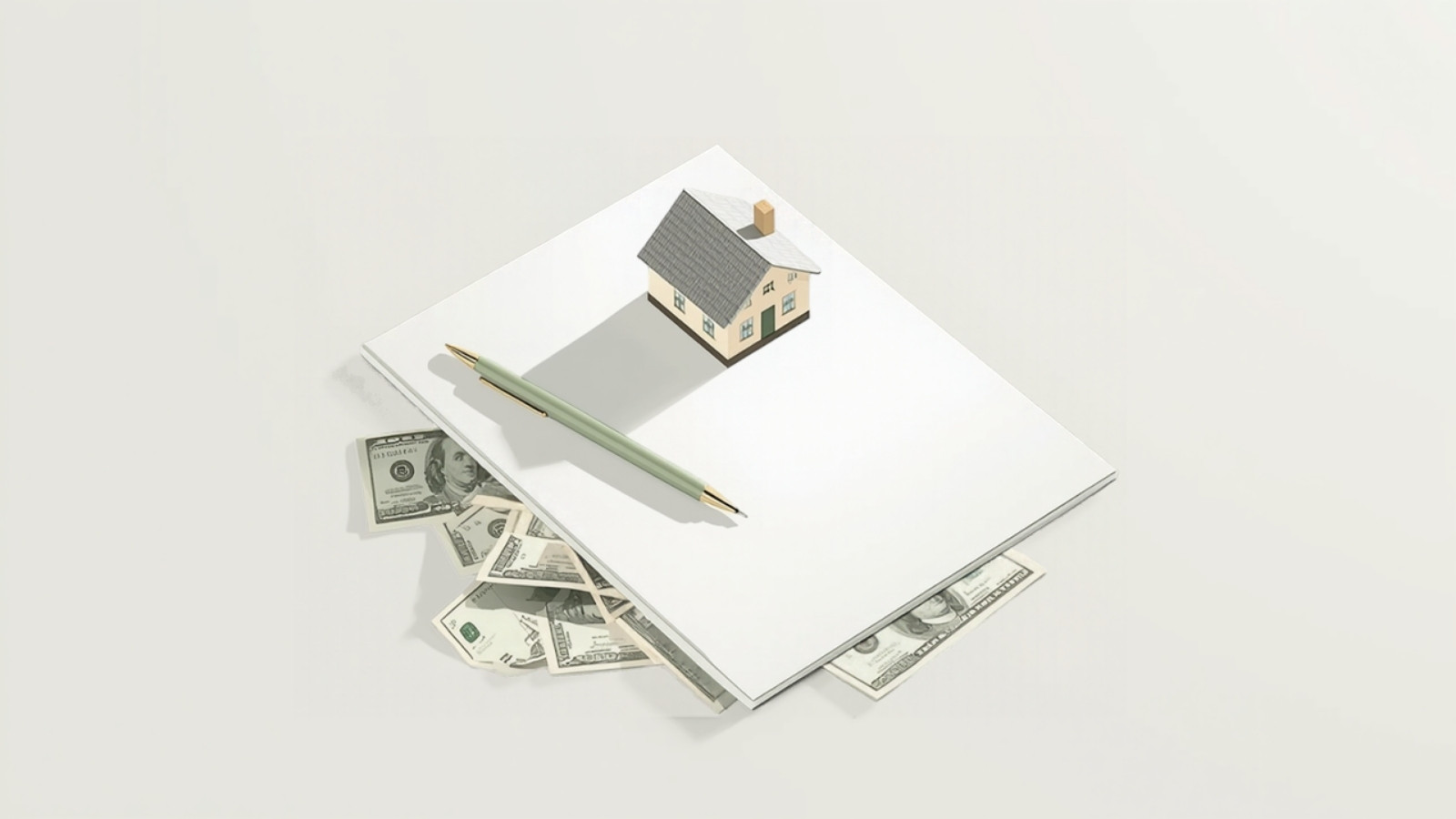 A small model house and a pen on a sheet of paper, with dollar bills tucked underneath