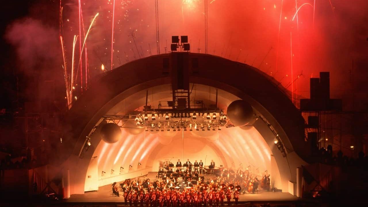 The Hollywood Bowl shell lit during a performance with fireworks