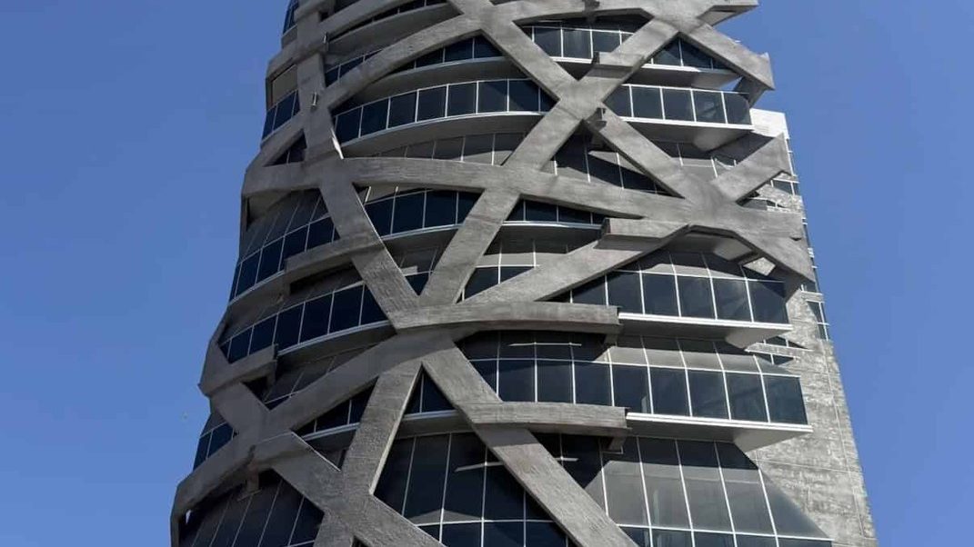 A tower with a steel-banded facade near Culver City's Hayden Tract