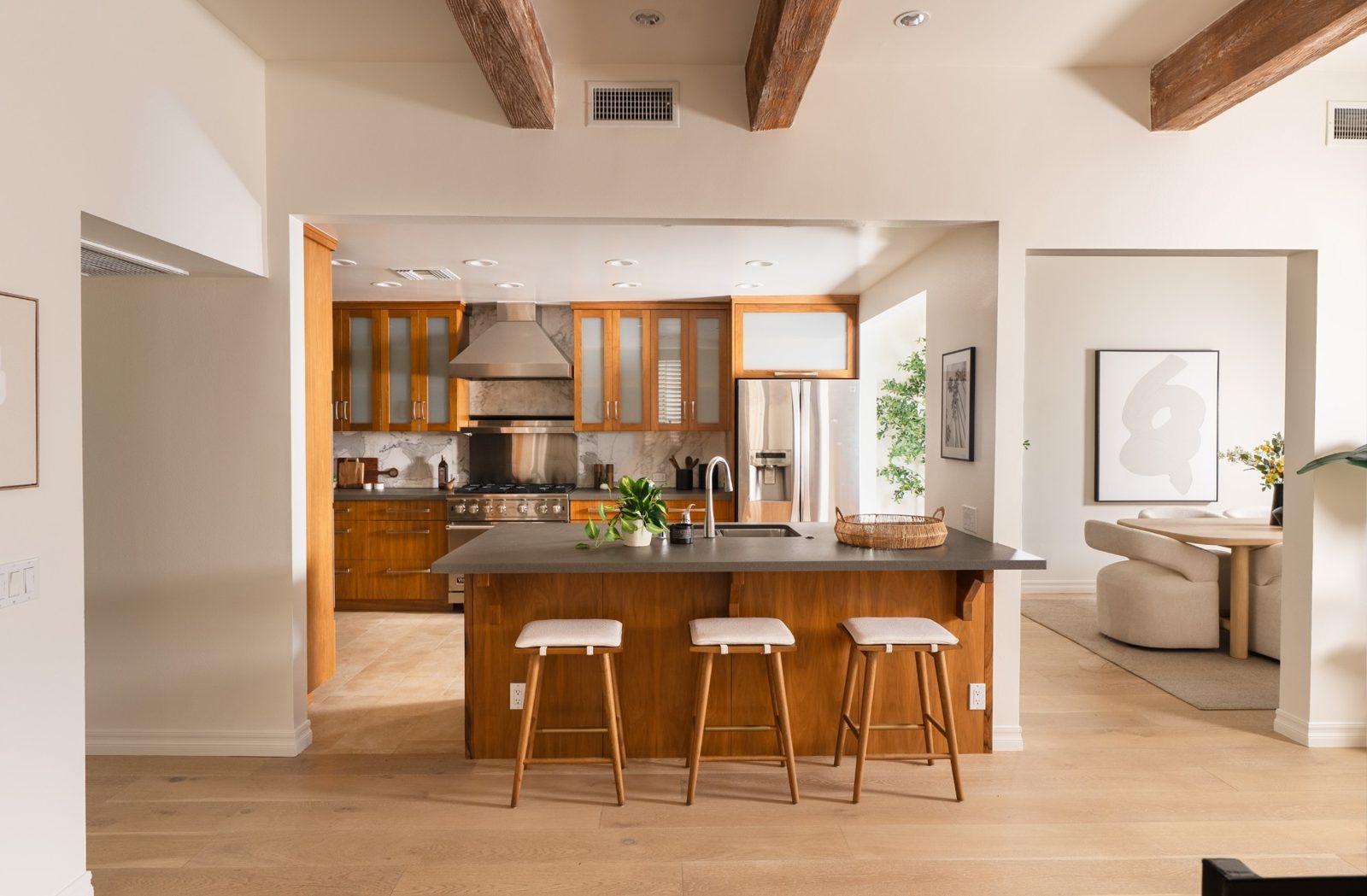 Kitchen with a center island and counter seating